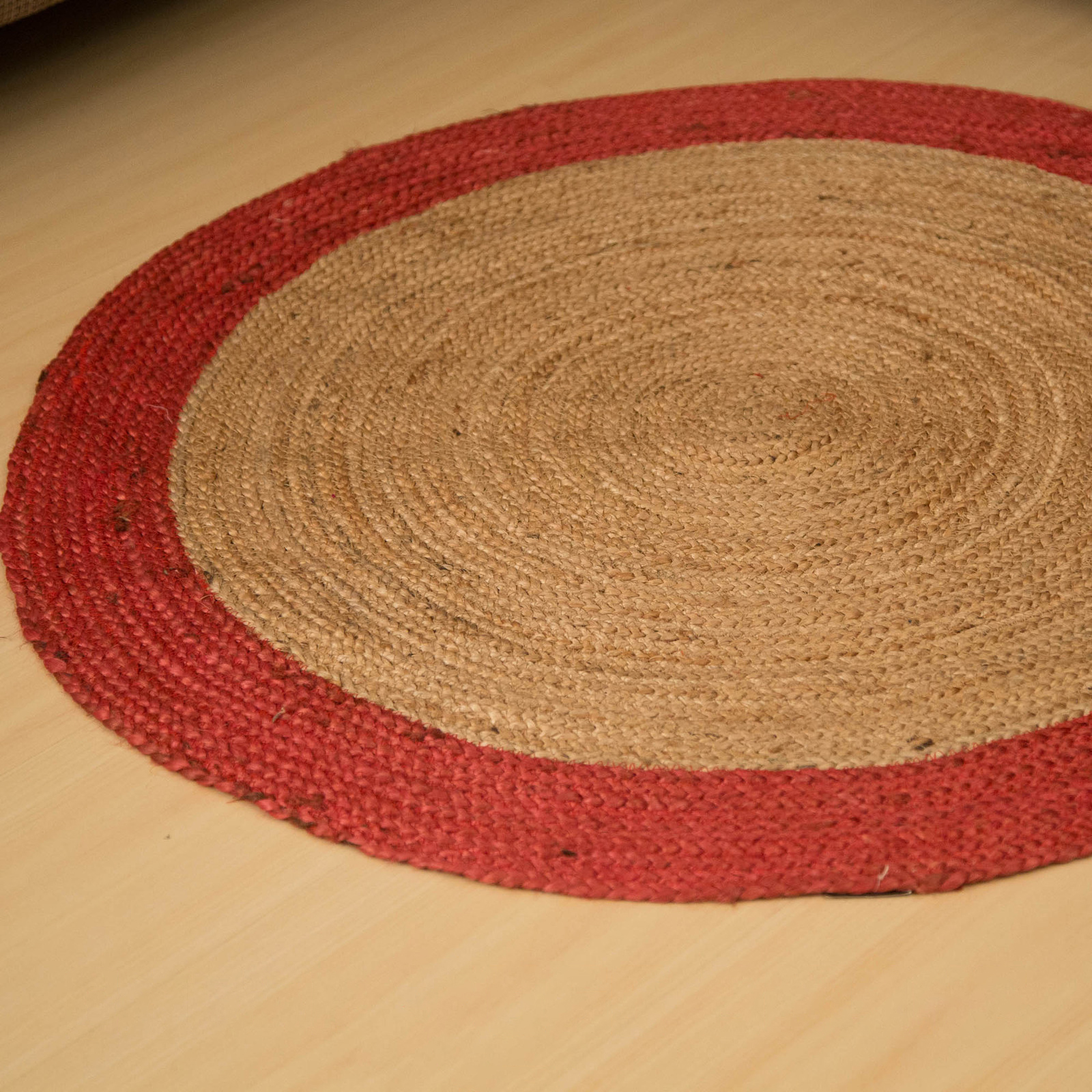 Poly Border 90cm Round Jute Rug Red Natural Jute Rugs Beyond Bright