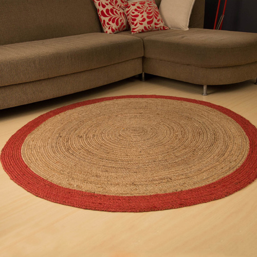 Poly Border 150cm Round Jute Rug Red Natural Jute Rugs Beyond Bright