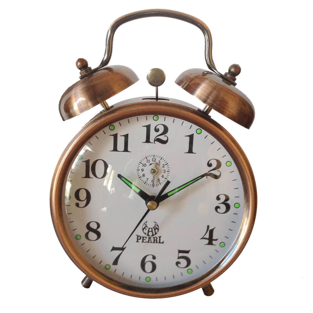 Pearl DOUBLE BELL Alarm Clock COPPER 15cm MECHANICAL Rustic Metal Wind