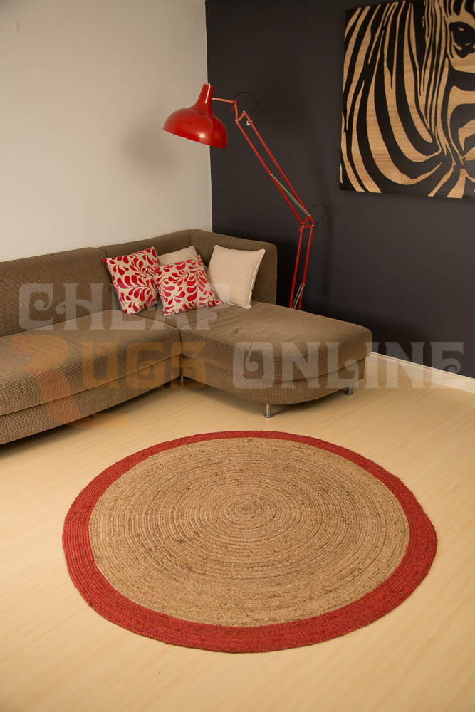 Poly Border 150cm Round Jute Rug - Red | Natural Jute Rugs | Beyond Bright
