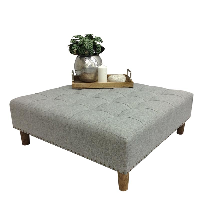 Oli Upholstered Square Coffee Table Ottoman with Studs - Grey- 90cm