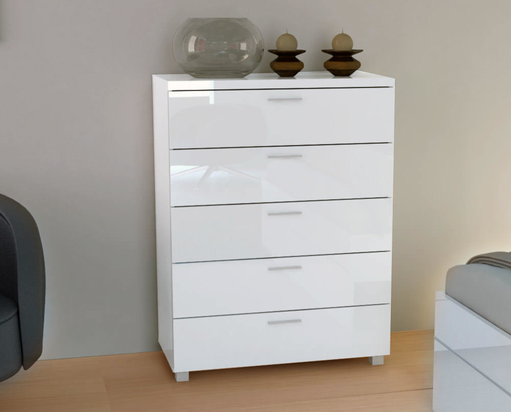 Buy Elisha TallBoy Chest 5 Drawer High Gloss White 79x106cm