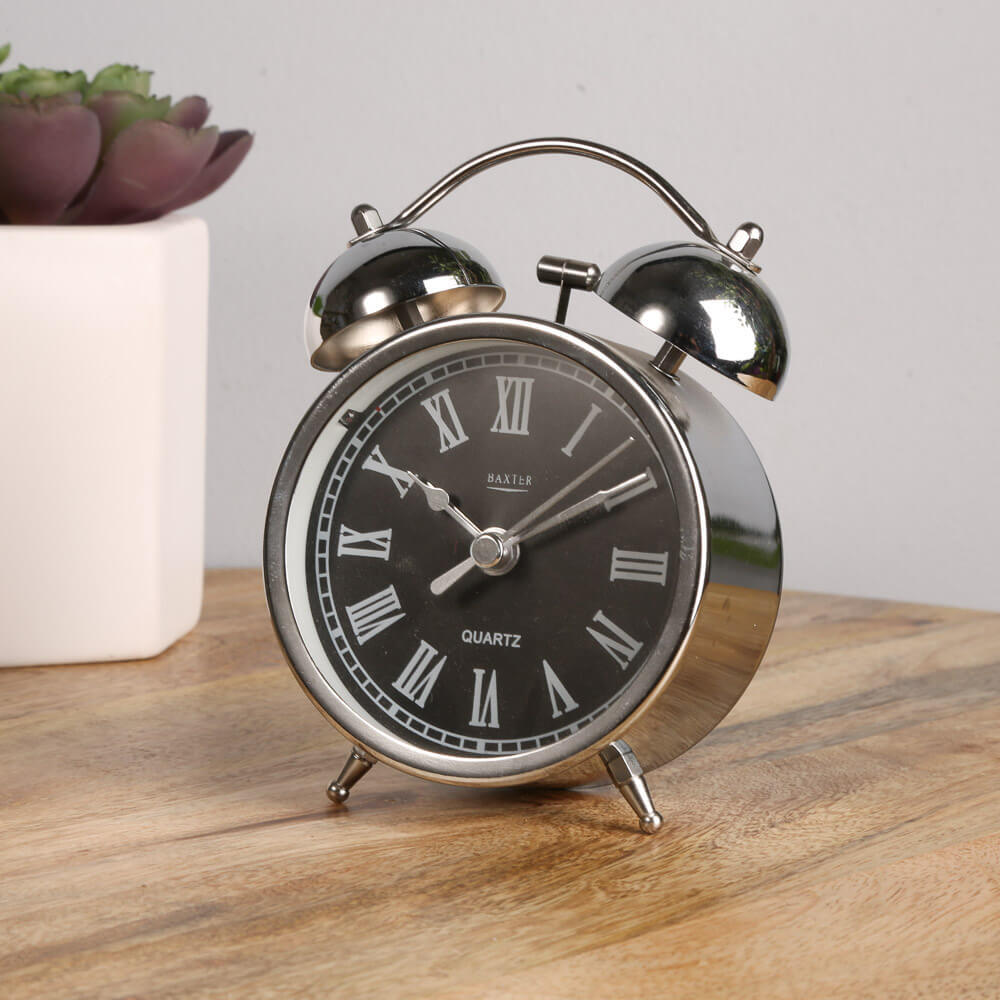 Baxter Double Bell Silent Alarm Clock B32 Silver 9cm Fast Free