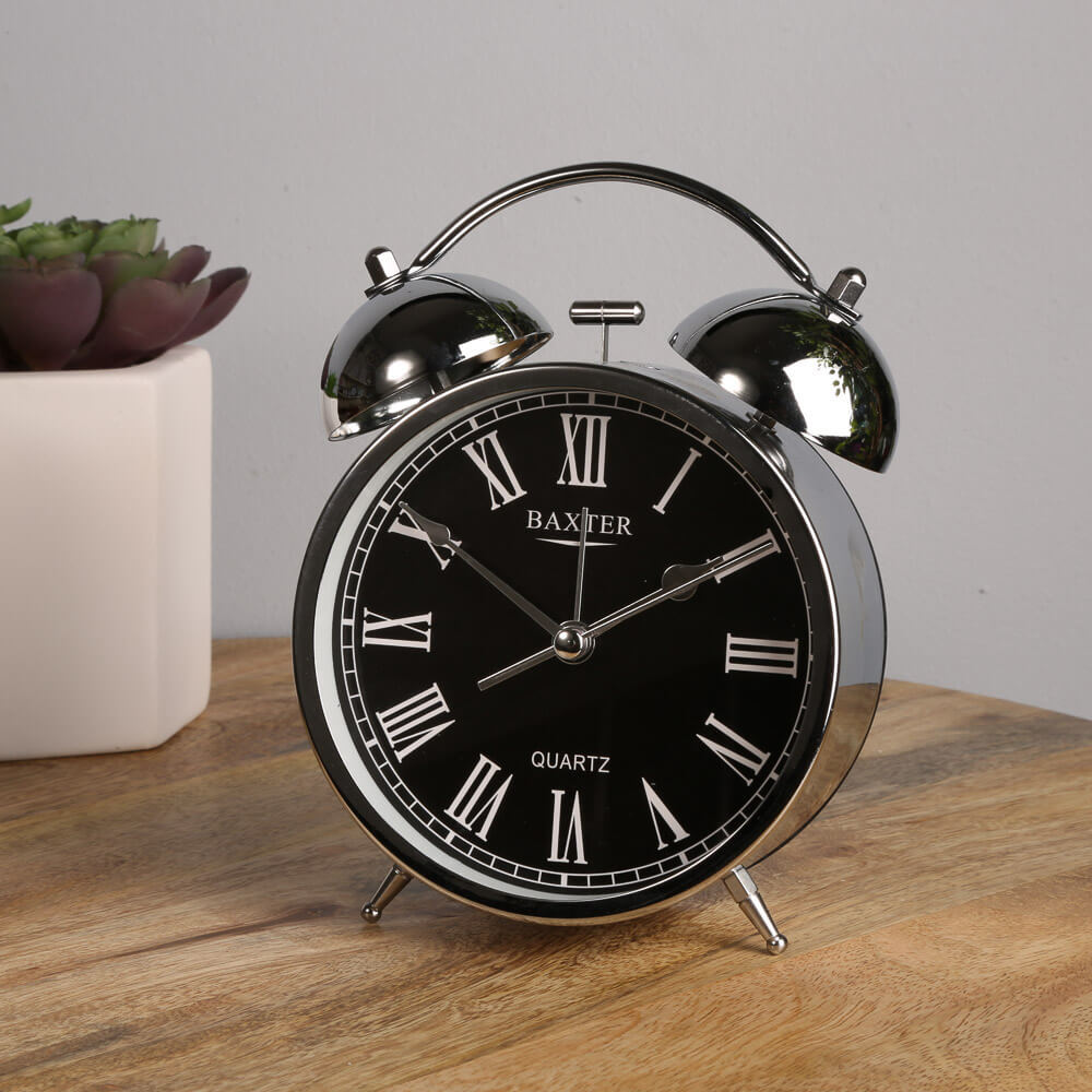 Baxter Double Bell Alarm Clock ROMAN NUMERALS SILVER BLACK 11.5cm
