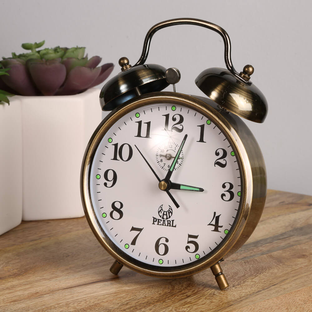 Pearl DOUBLE BELL Alarm Clock BRASS 15cm MECHANICAL Rustic Metal Wind