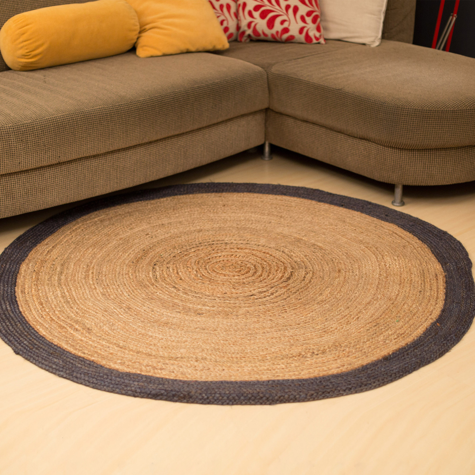 Poly Border 150cm Round Jute Rug - Blue/Grey | Natural Jute Rugs ...