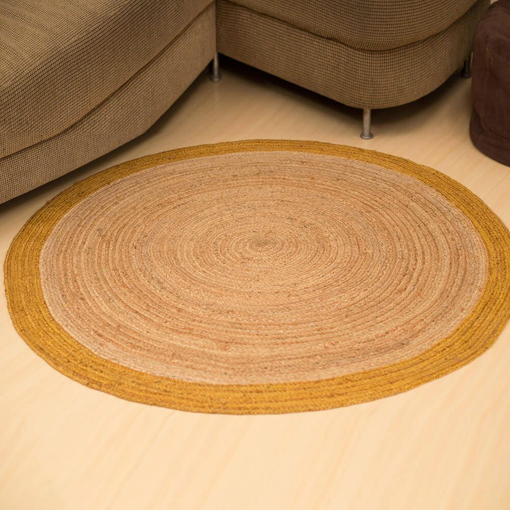 Poly Border 150cm Round Jute Rug Yellow Natural Rugs Poly Border 150cm Round Jute Rug Yellow