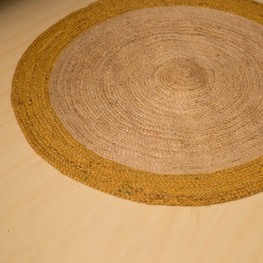 Poly Border 90cm Round Jute Rug Yellow Natural Jute Rugs Beyond