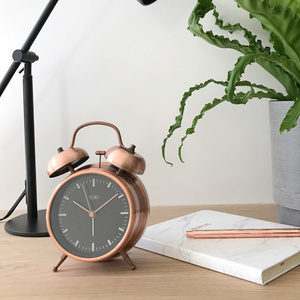 Toki - Tomas Silent Sweep Twin Bell Alarm Clock - Brushed Copper - 18cm