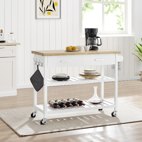 Kitchen Island Trolley - 2 Drawers 2 Tier - White and Natural - 117x89cm