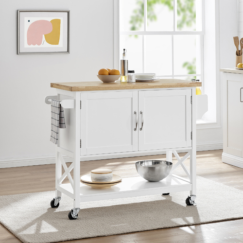Hamptons Kitchen Island Solid Wood Counter Top - 2 Door - White, Natural - 116x91cm