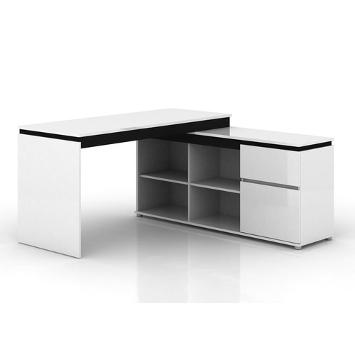 Milano Executive Office Desk - 4 Shelves, 2 Drawers - High Gloss White - 145x75cm