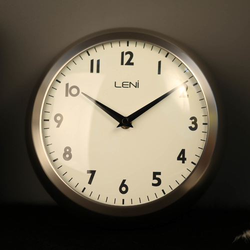Leni Metal School Wall Clock - Brushed Nickel Silver -23cm