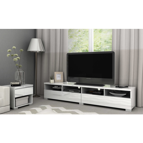 Elara TV Stand & Entertainment Unit - 4 Compartments 2 Drawers - High Gloss White - 207x40cm