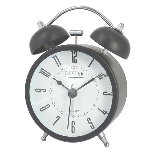 Baxter Double Bell Silent Alarm Clock B32 - Black/White Face - 9cm