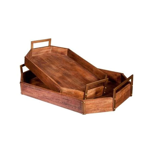 Set of 2 Luxe Serving Trays - Timber and Metal