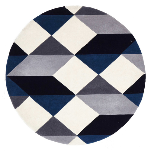 Zavier Digital Wool Round Rug - Blue Grey White - 120x120cm