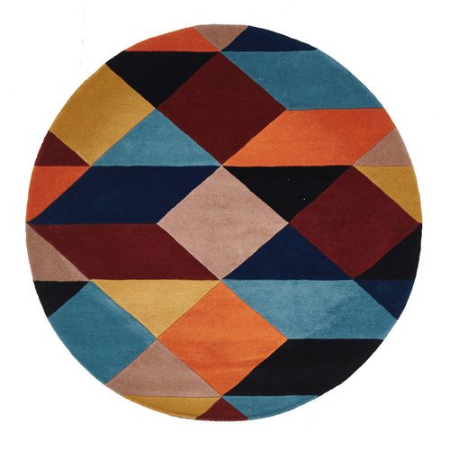 Zavier Sunset Wool Round Rug - Rust Blue Navy - 120x120cm